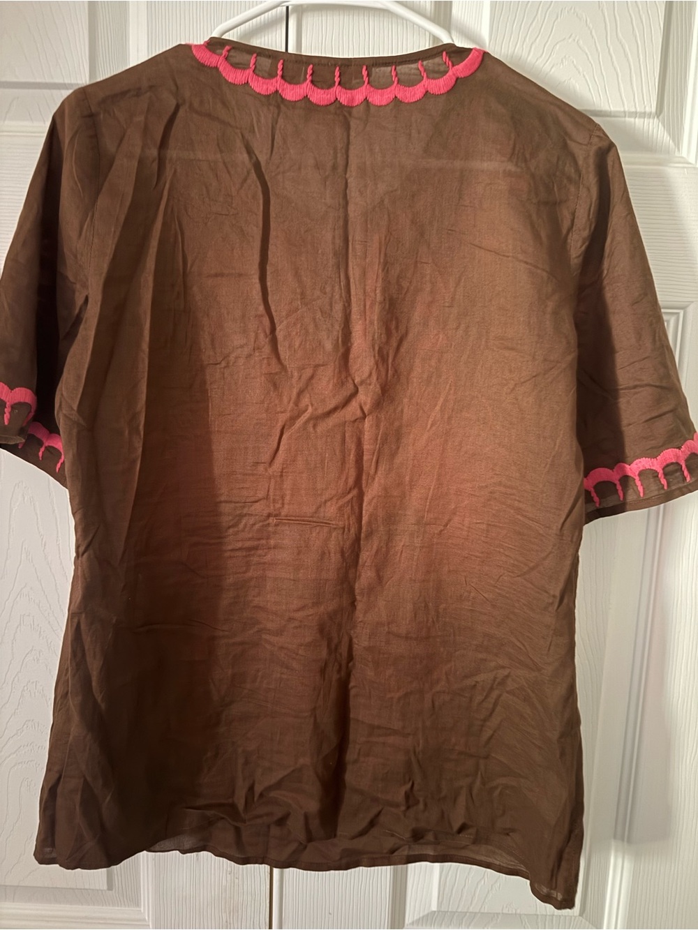 Tory Burch Brown Tunic with Hot Pink Embroidered Peacocks - Picture 3 of 4
